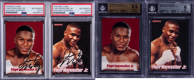 Lot Of (4) 1999-2001 Browns Boxing Floyd Mayweather Signed & Unsigned Cards - PSA/DNA Authentic/BGS & PSA Graded